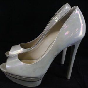 B Brian Atwood Pearl Silver/Grey Peep Toe Pumps